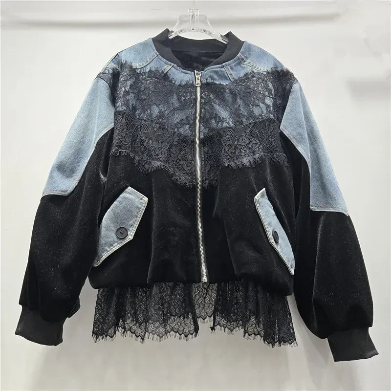 Women's Spliced Velvet Lace Contrast Denim Jacket