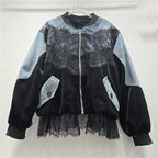Women's Spliced Velvet Lace Contrast Denim Jacket