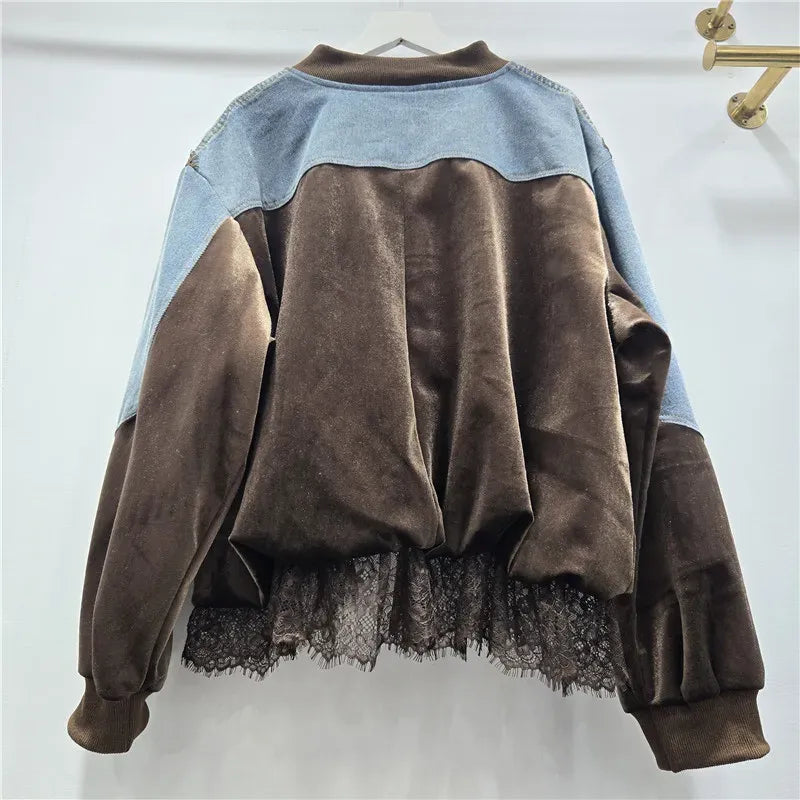 Women's Spliced Velvet Lace Contrast Denim Jacket