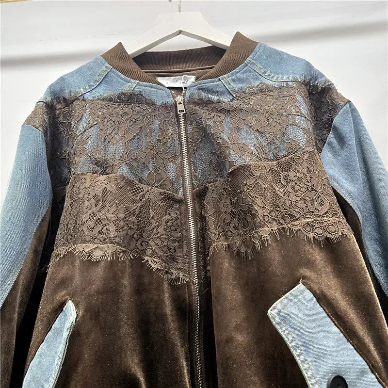 Women's Spliced Velvet Lace Contrast Denim Jacket