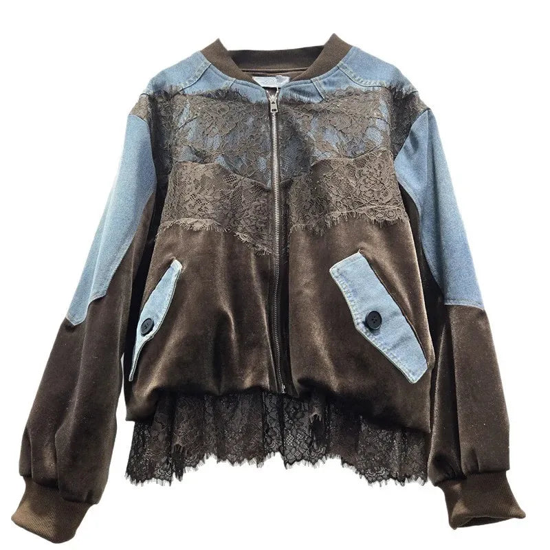 Women's Spliced Velvet Lace Contrast Denim Jacket
