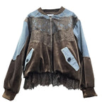 Women's Spliced Velvet Lace Contrast Denim Jacket