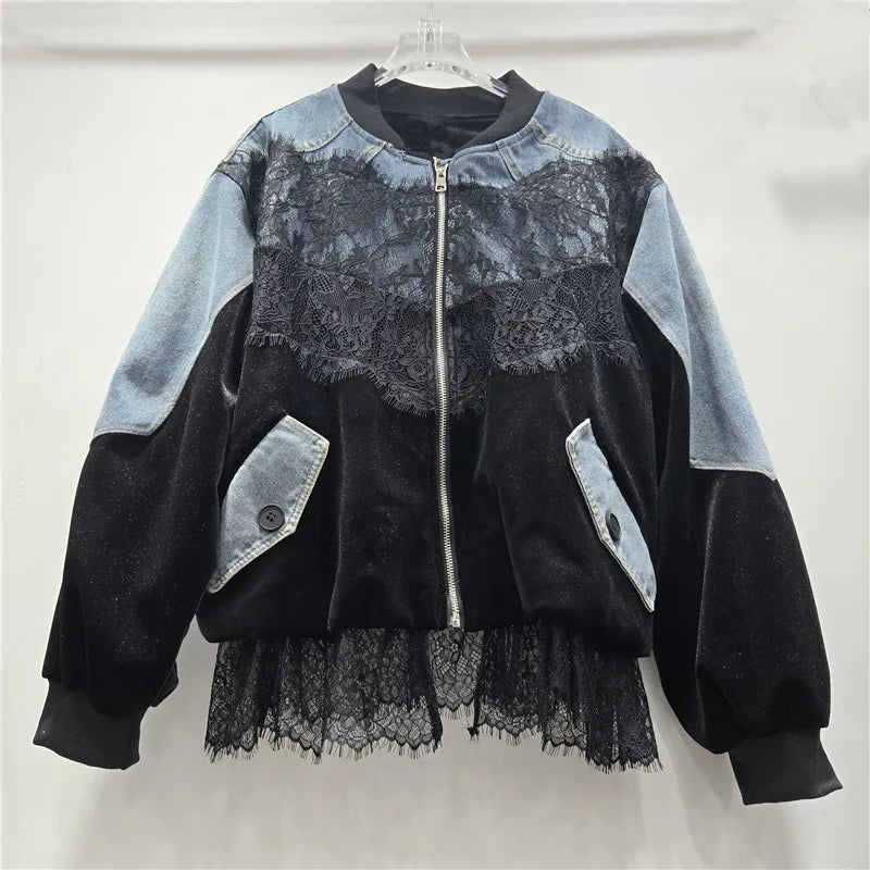 Women's Spliced Velvet Lace Contrast Denim Jacket