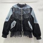 Women's Spliced Velvet Lace Contrast Denim Jacket