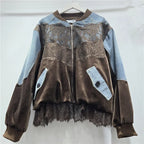 Women's Spliced Velvet Lace Contrast Denim Jacket