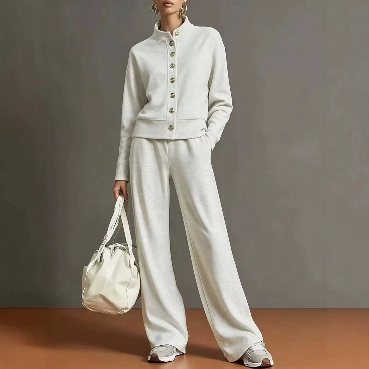 Women's Stand Collar Cardigan Sweatshirt and Wide Leg Pants Set