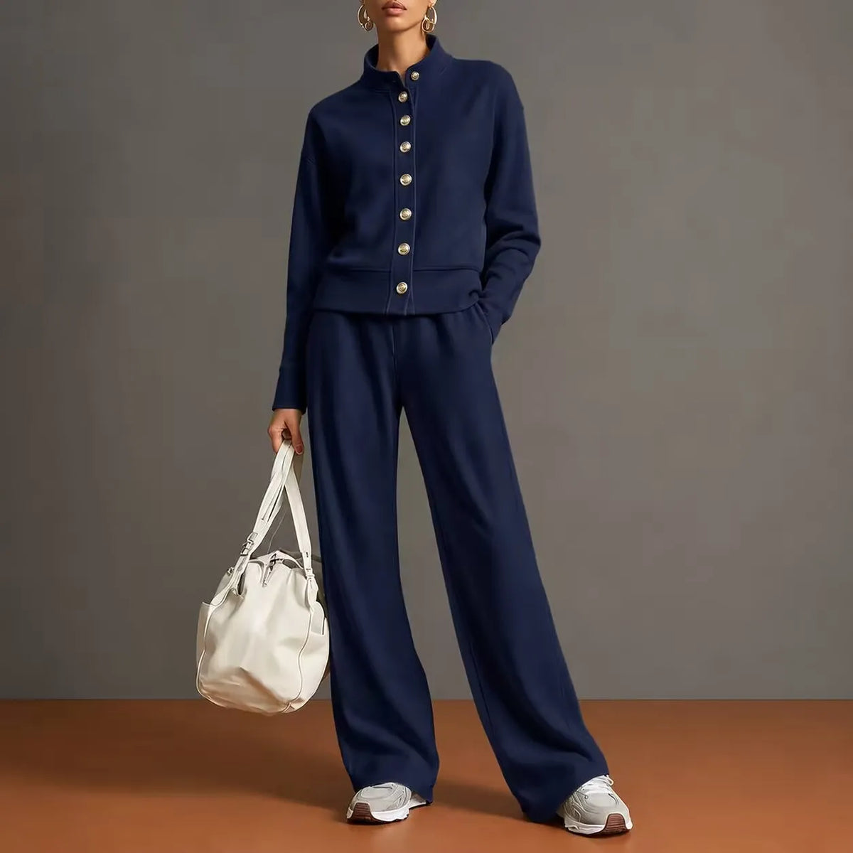 Women's Stand Collar Cardigan Sweatshirt and Wide Leg Pants Set