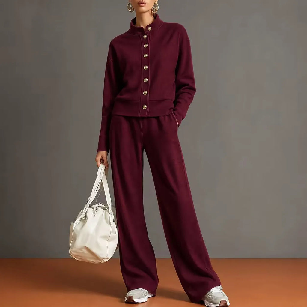 Women's Stand Collar Cardigan Sweatshirt and Wide Leg Pants Set
