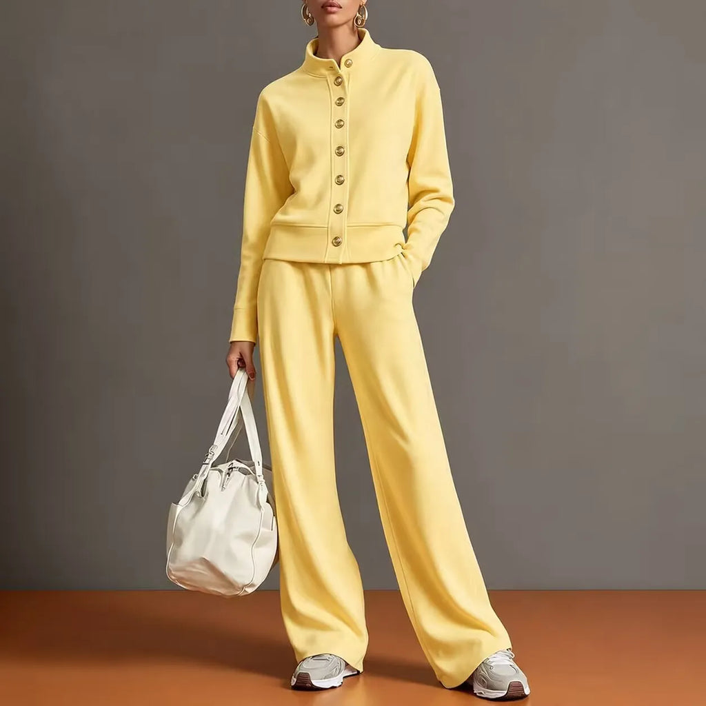 Women's Stand Collar Cardigan Sweatshirt and Wide Leg Pants Set
