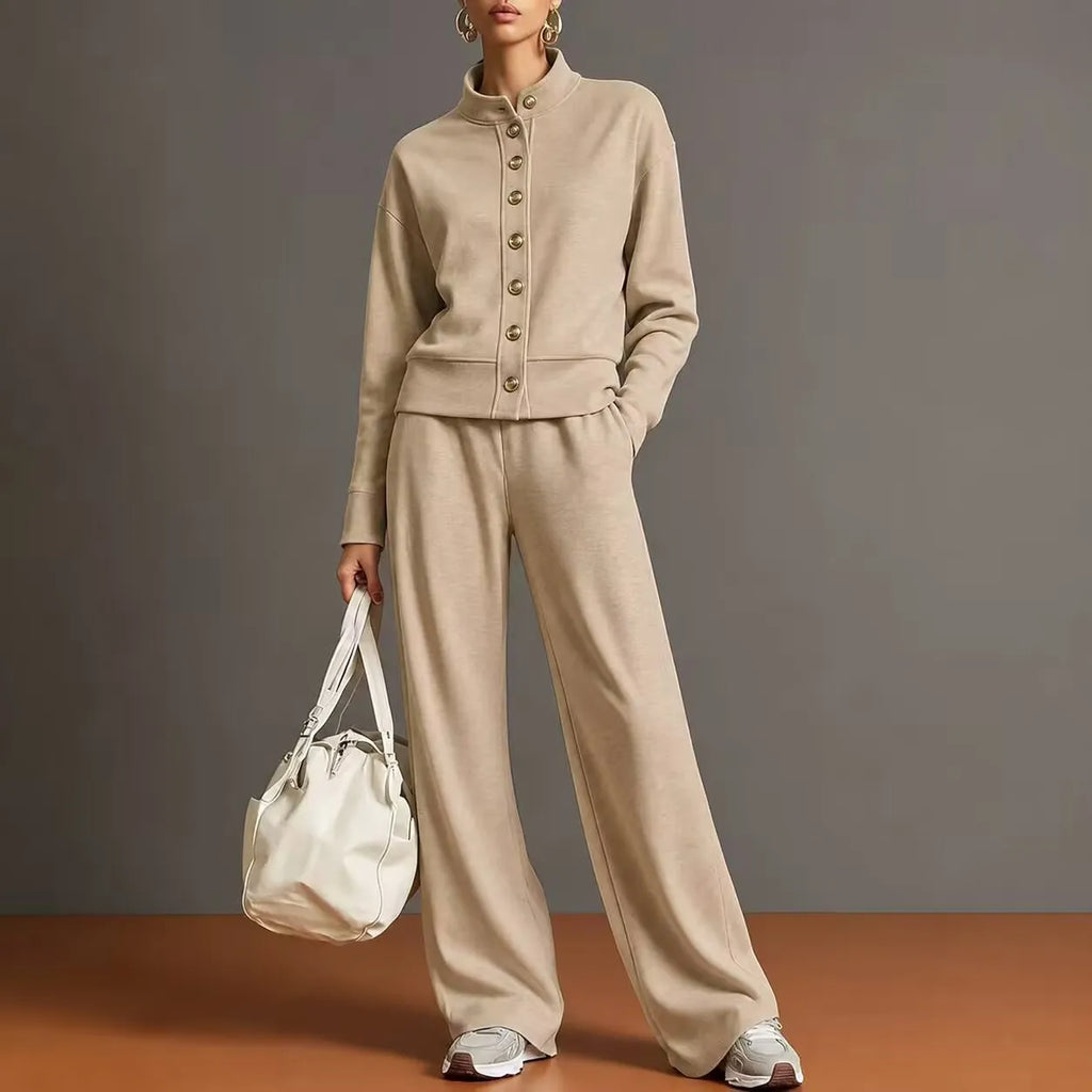 Women's Stand Collar Cardigan Sweatshirt and Wide Leg Pants Set