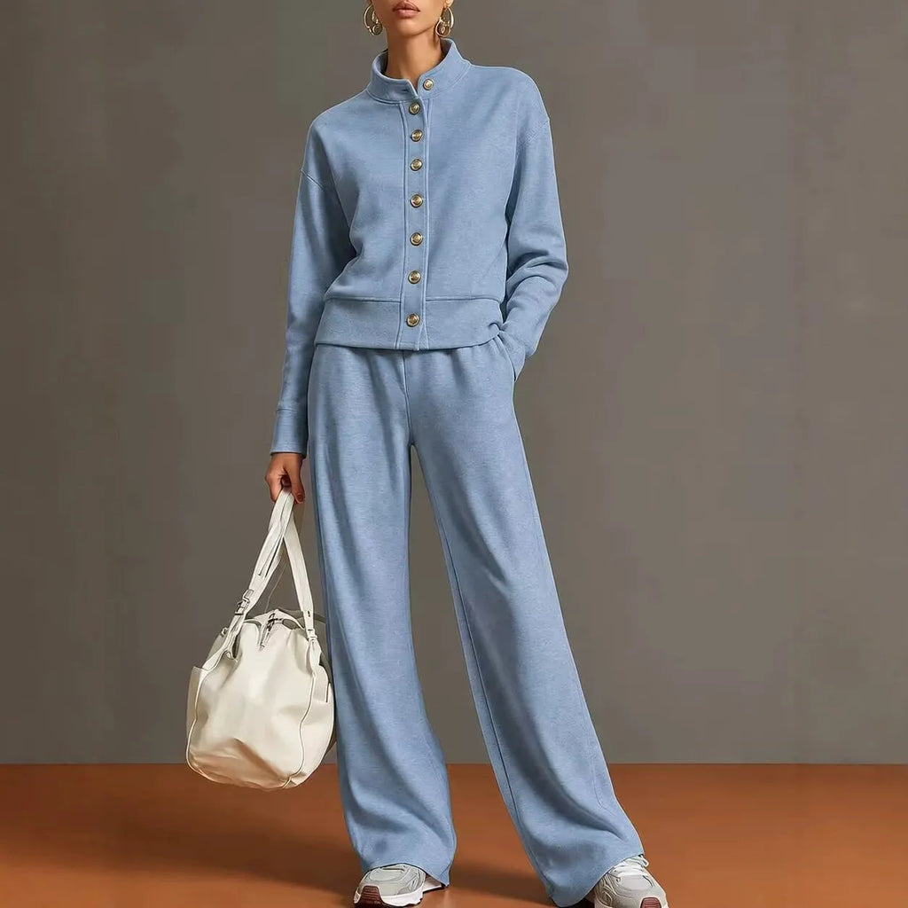 Women's Stand Collar Cardigan Sweatshirt and Wide Leg Pants Set