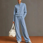 Women's Stand Collar Cardigan Sweatshirt and Wide Leg Pants Set
