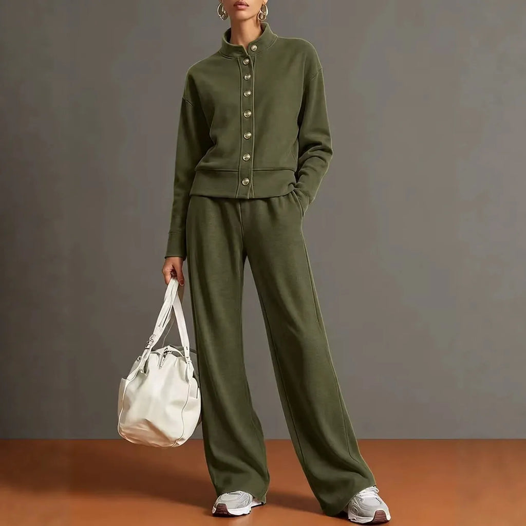 Women's Stand Collar Cardigan Sweatshirt and Wide Leg Pants Set