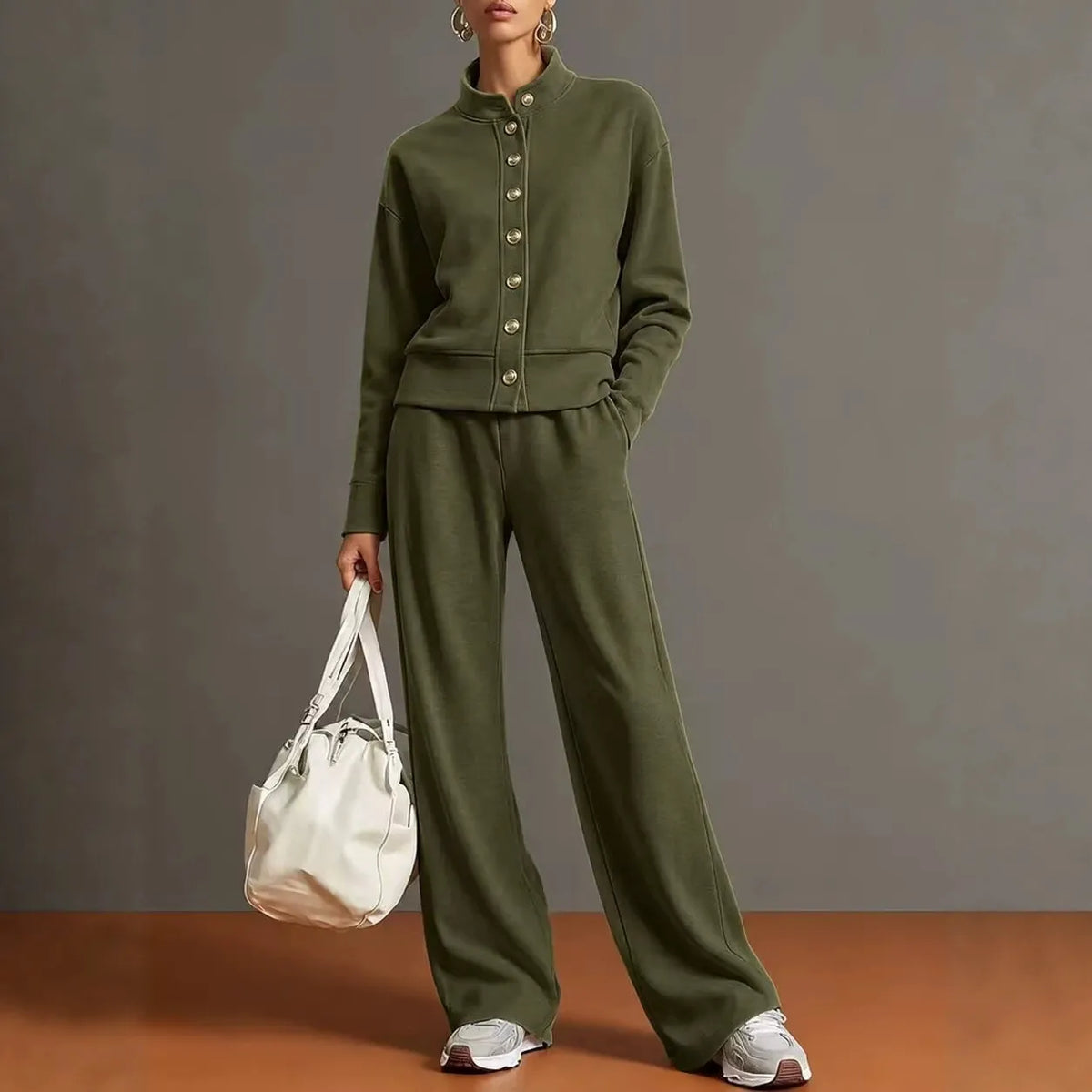 Women's Stand Collar Cardigan Sweatshirt and Wide Leg Pants Set