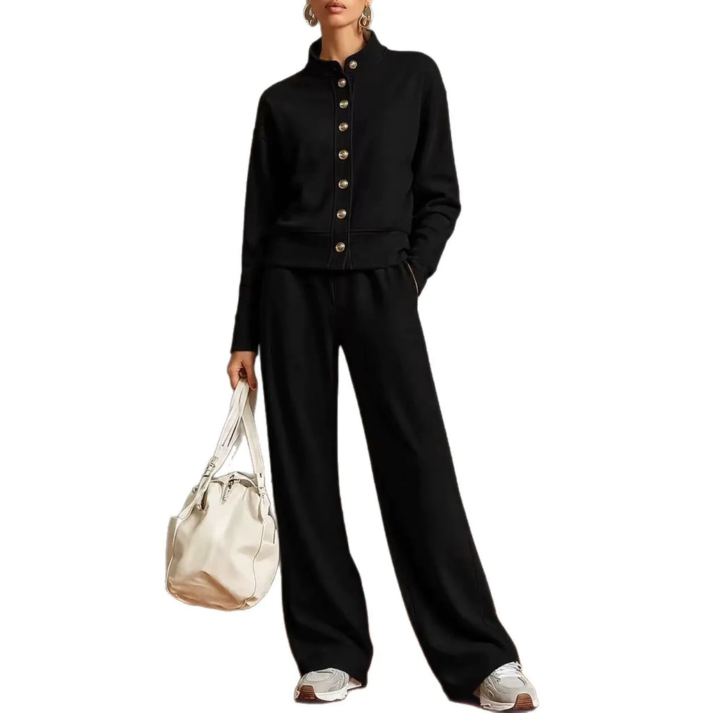 Women's Stand Collar Cardigan Sweatshirt and Wide Leg Pants Set
