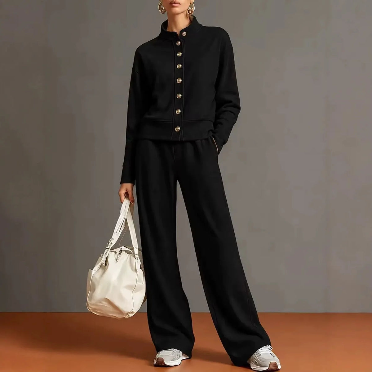 Women's Stand Collar Cardigan Sweatshirt and Wide Leg Pants Set