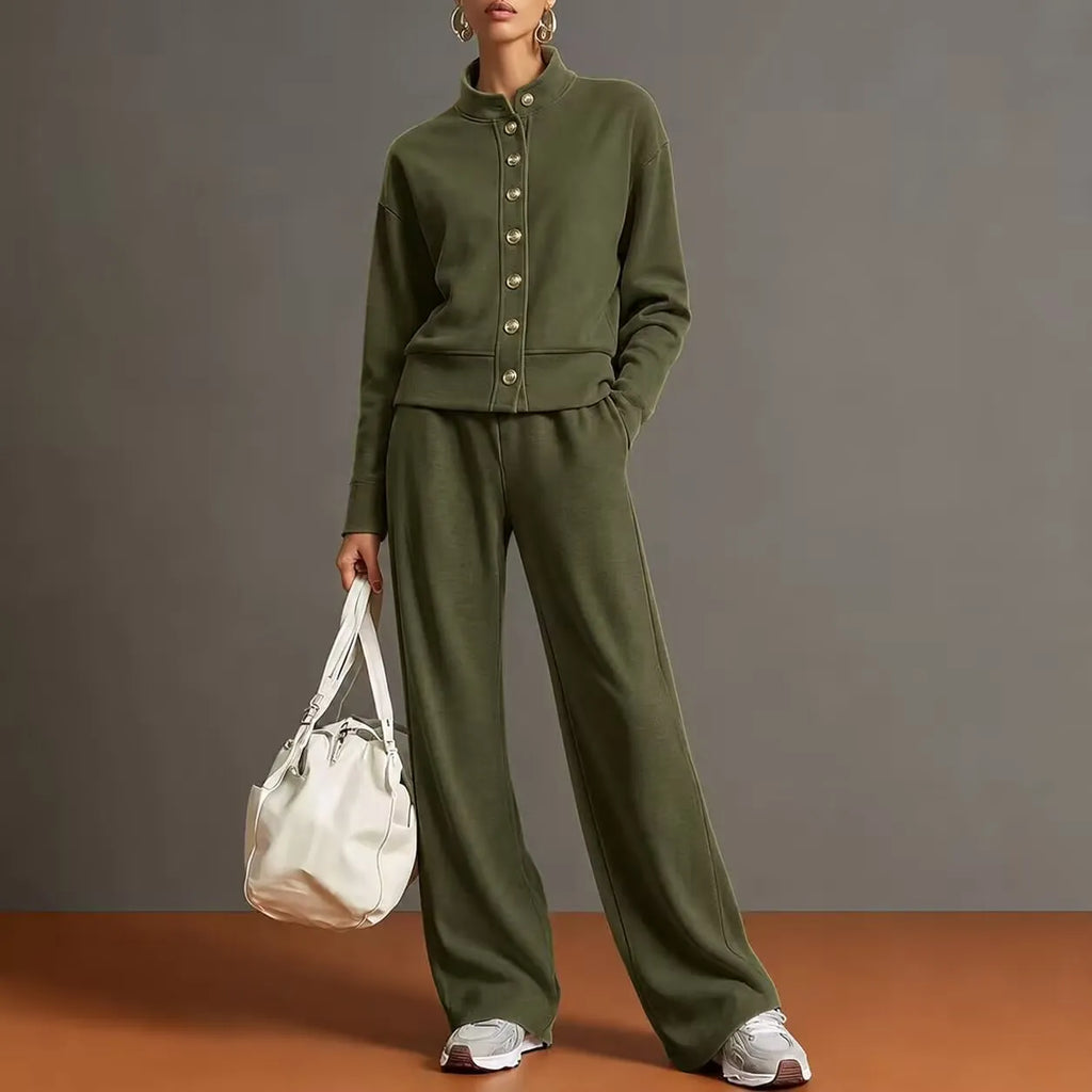 Women's Stand Collar Cardigan Sweatshirt and Wide Leg Pants Set