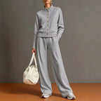 Women's Stand Collar Cardigan Sweatshirt and Wide Leg Pants Set