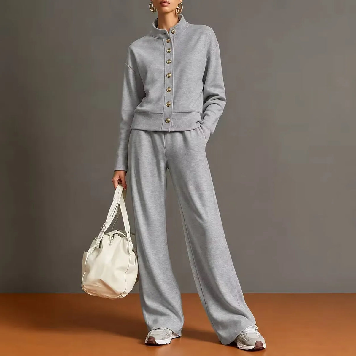 Women's Stand Collar Cardigan Sweatshirt and Wide Leg Pants Set