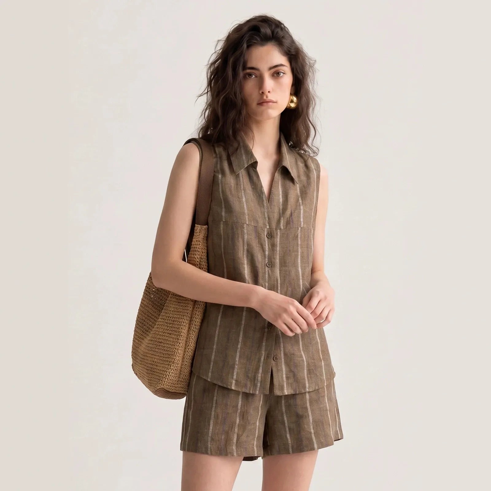 Women's Striped Linen Sleeveless Shirt and Shorts Set Casual Summer Main image