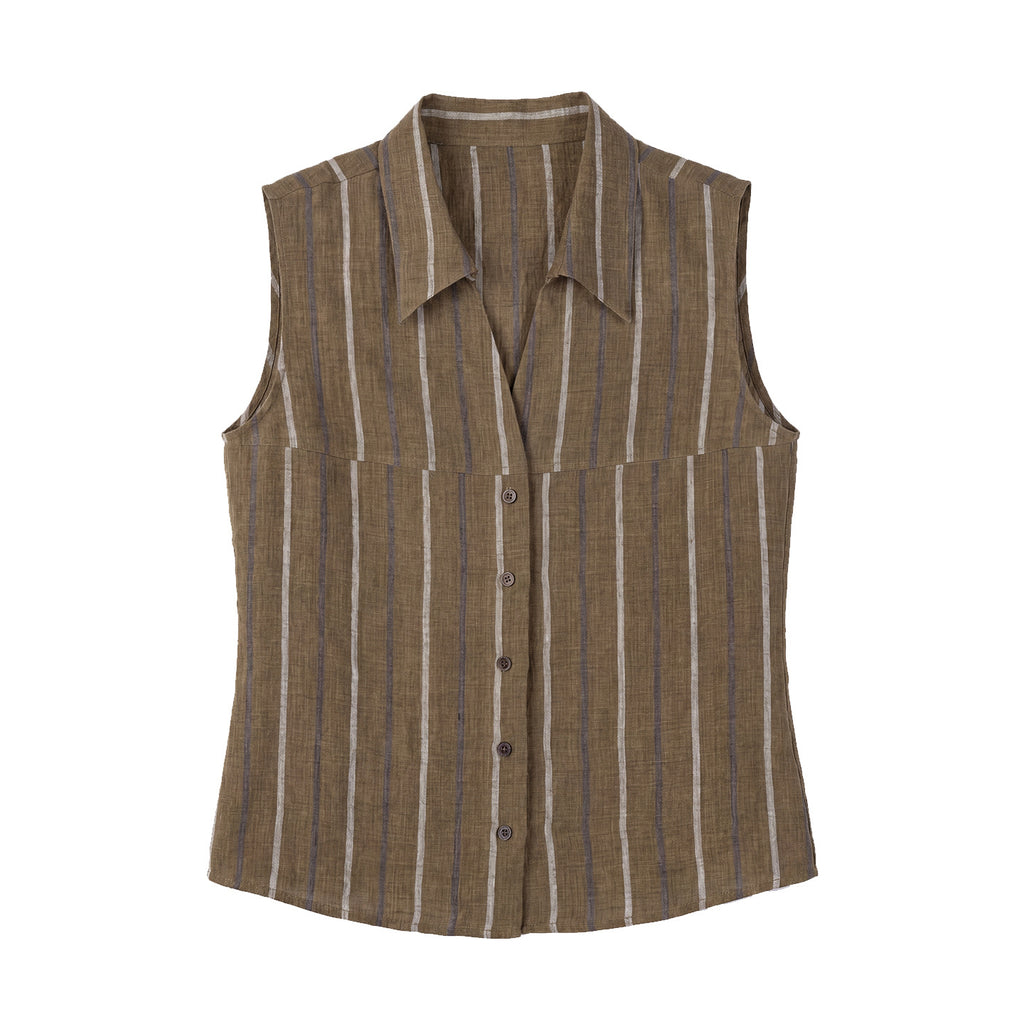 Women's Striped Linen Sleeveless Shirt and Shorts Set Casual Summer