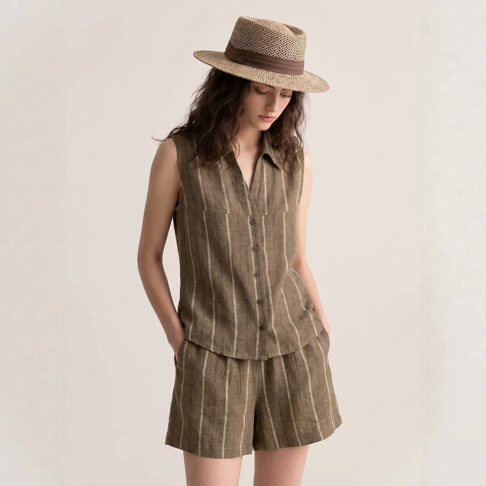 Women's Striped Linen Sleeveless Shirt and Shorts Set Casual Summer Secondary image