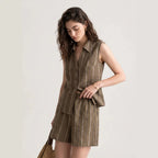 Women's Striped Linen Sleeveless Shirt and Shorts Set Casual Summer