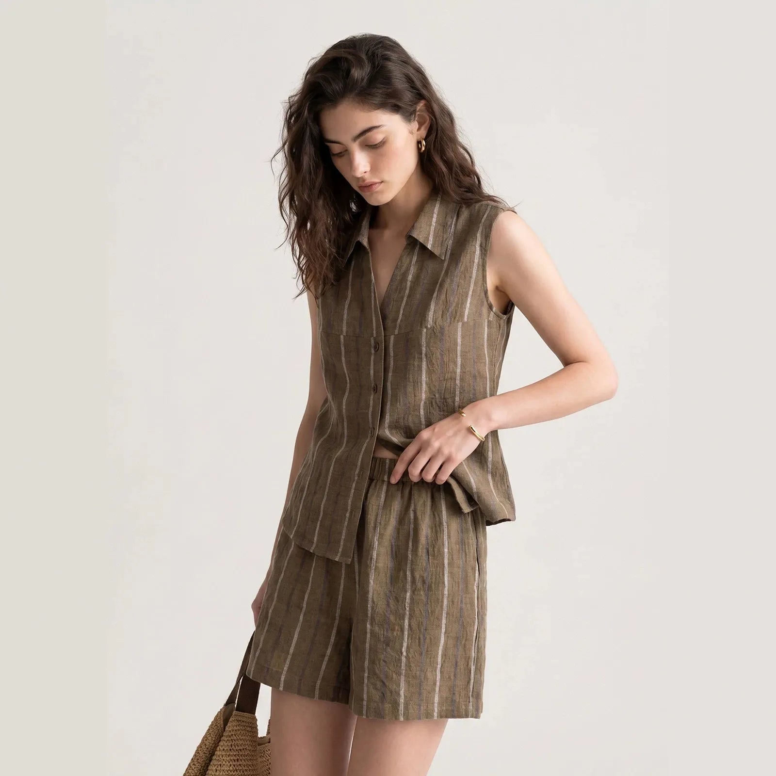 Women's Striped Linen Sleeveless Shirt and Shorts Set Casual Summer