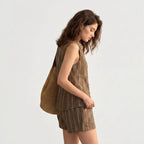 Women's Striped Linen Sleeveless Shirt and Shorts Set Casual Summer