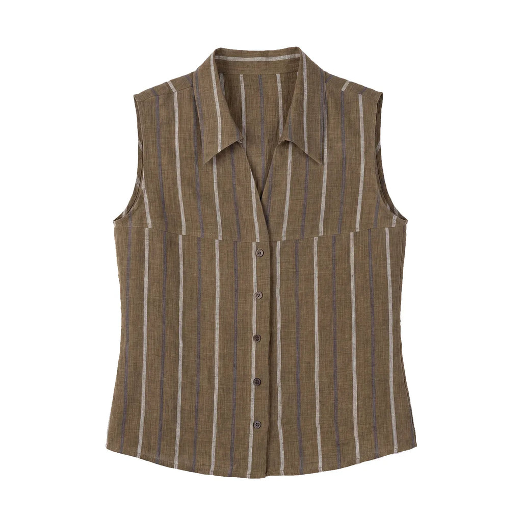 Women's Striped Linen Sleeveless Shirt and Shorts Set Casual Summer