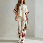 Women's Striped Spliced Hem Casual Wide Leg Pants Two-Piece Set