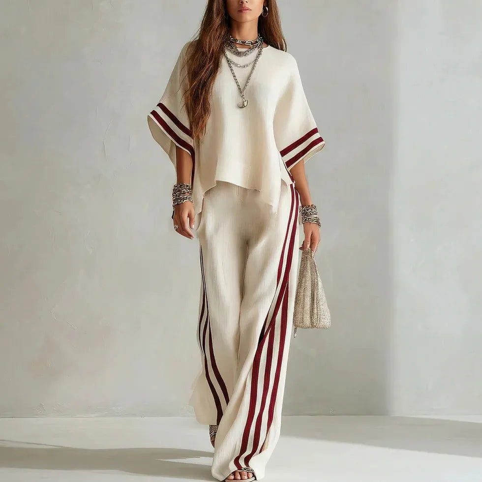 Women's Striped Spliced Hem Casual Wide Leg Pants Two-Piece Set