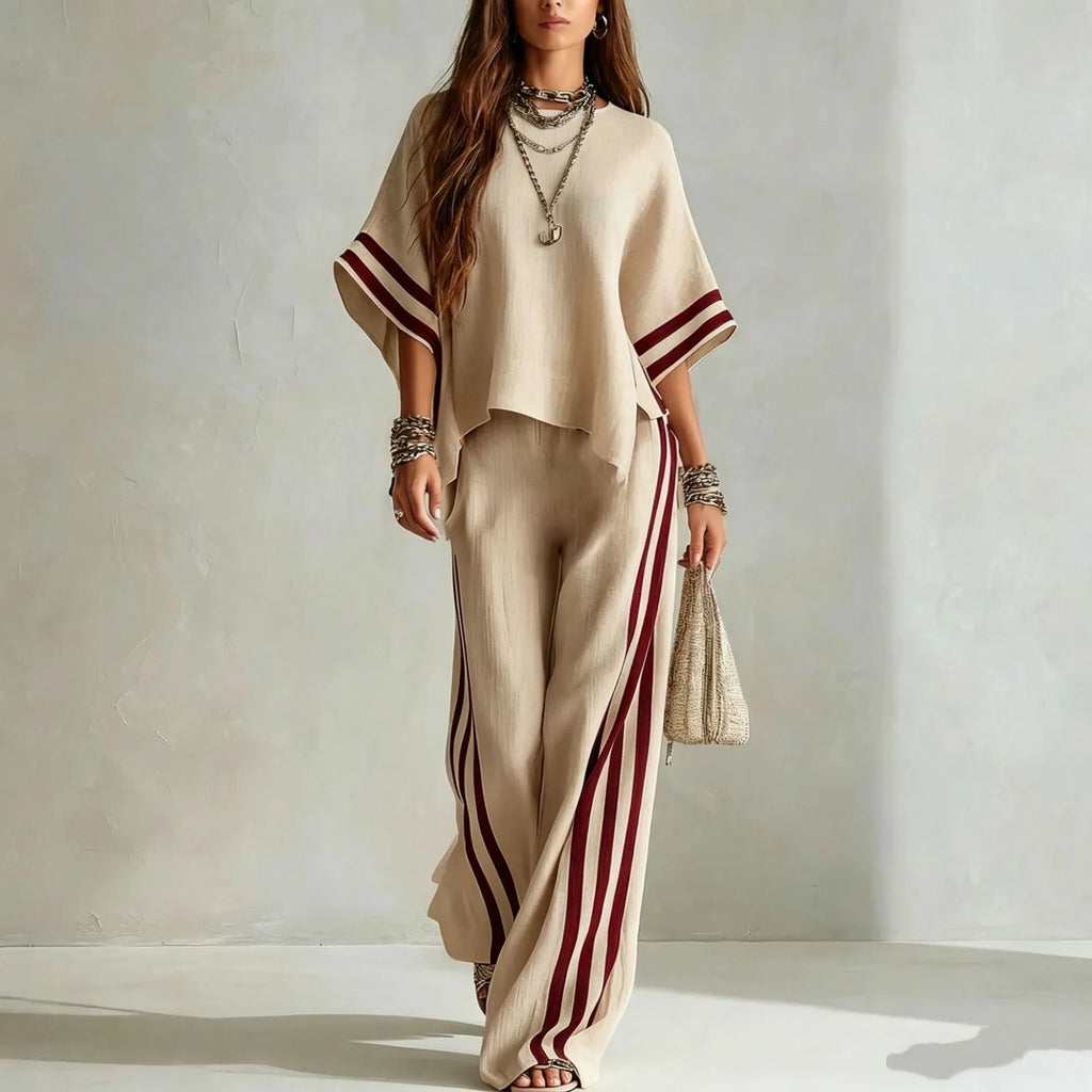 Women's Striped Spliced Hem Casual Wide Leg Pants Two-Piece Set