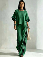 Women's Striped Spliced Hem Casual Wide Leg Pants Two-Piece Set