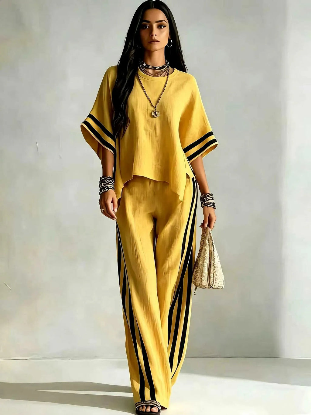 Women's Striped Spliced Hem Casual Wide Leg Pants Two-Piece Set