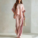 Women's Striped Spliced Hem Casual Wide Leg Pants Two-Piece Set