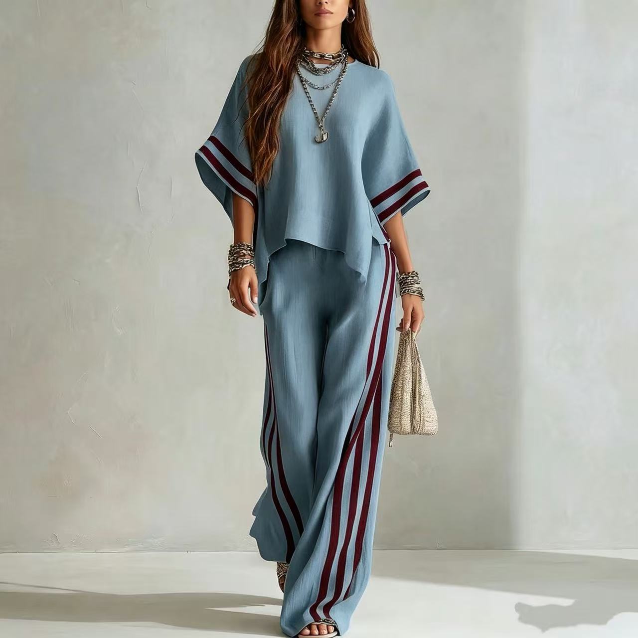 Women's Striped Spliced Hem Casual Wide Leg Pants Two-Piece Set