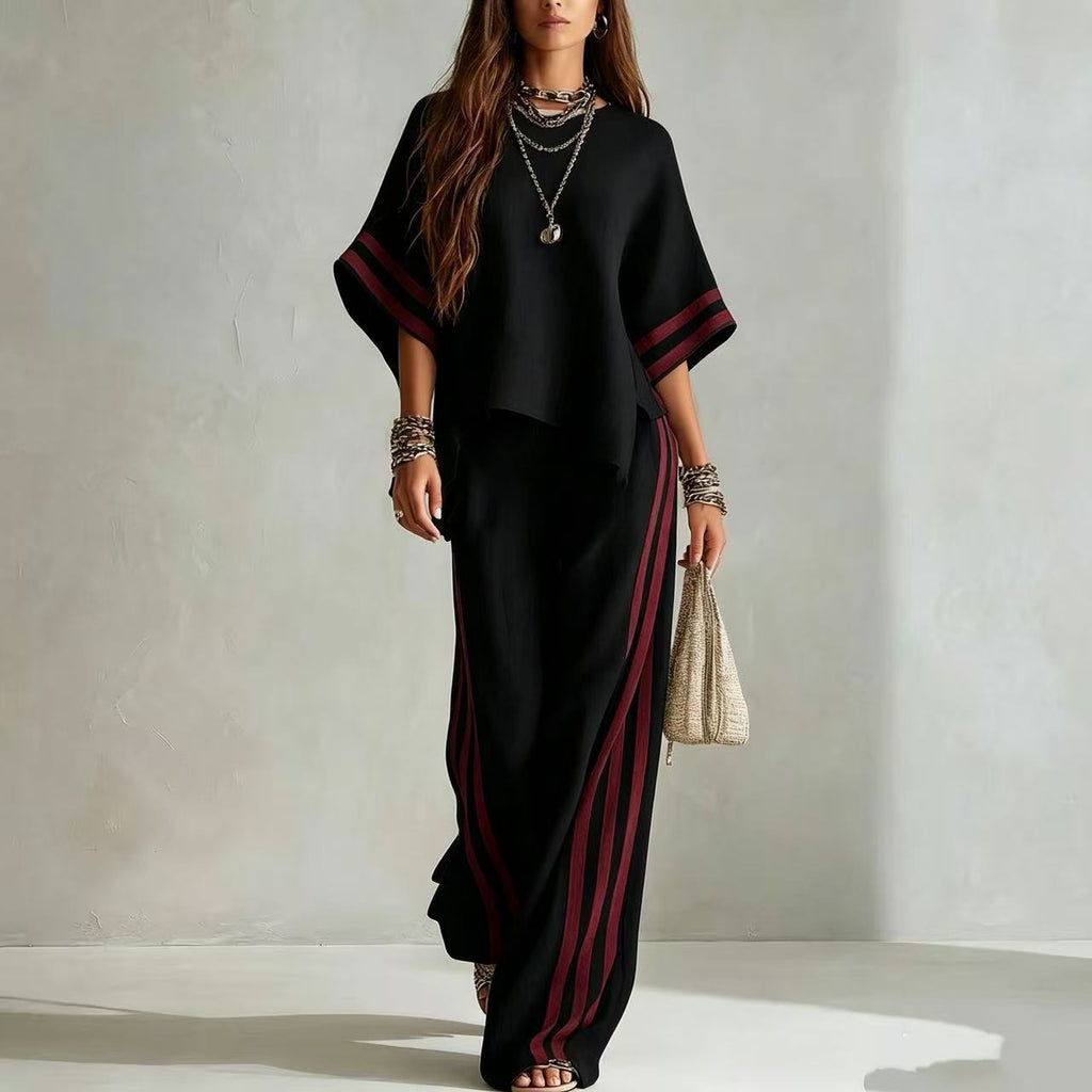 Women's Striped Spliced Hem Casual Wide Leg Pants Two-Piece Set