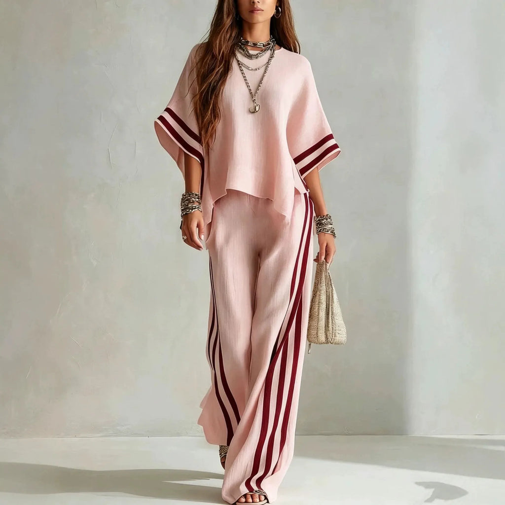 Women's Striped Spliced Hem Casual Wide Leg Pants Two-Piece Set