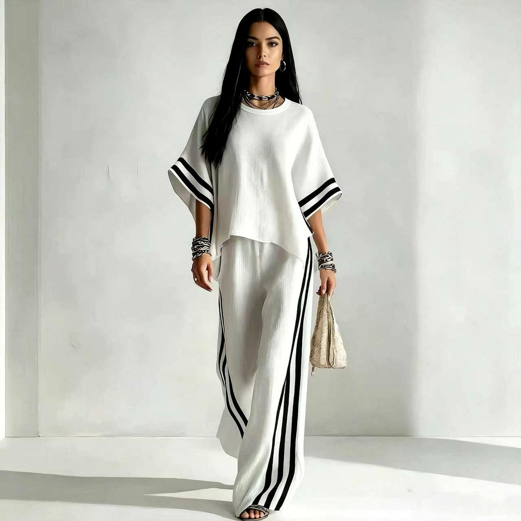 Women's Striped Spliced Hem Casual Wide Leg Pants Two-Piece Set