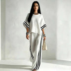 Women's Striped Spliced Hem Casual Wide Leg Pants Two-Piece Set