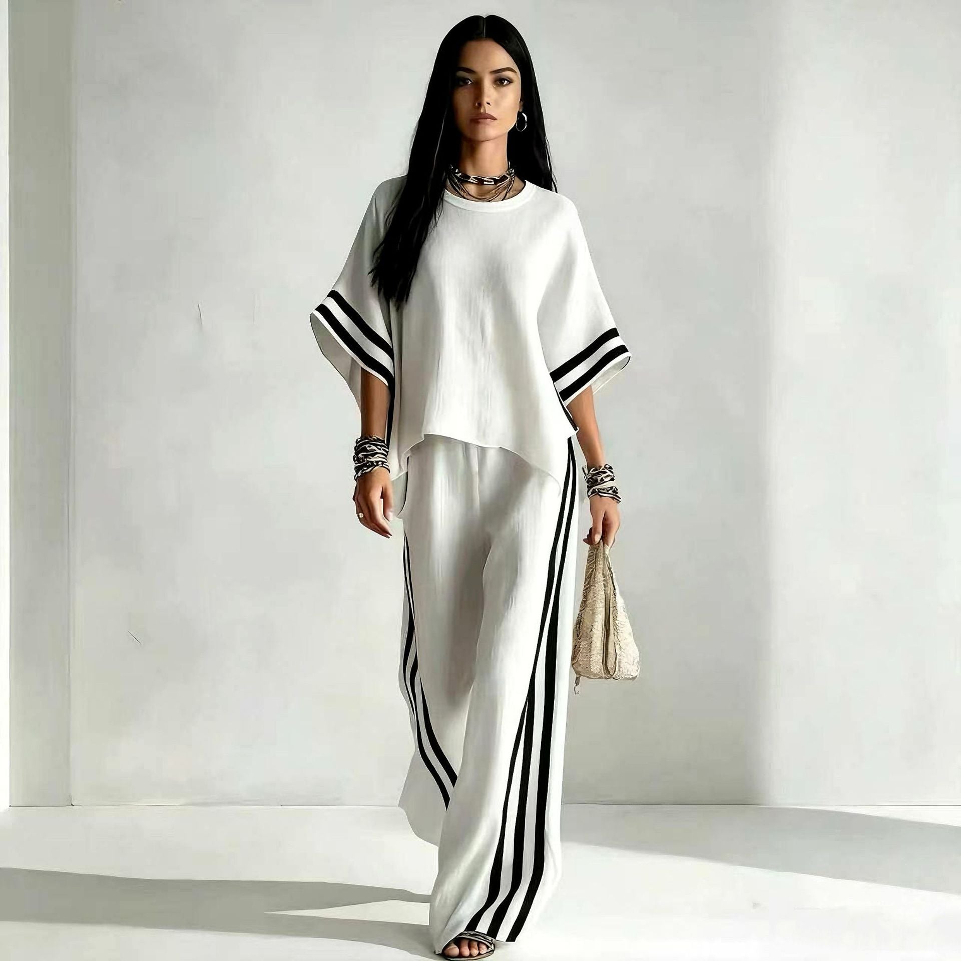 Women's Striped Spliced Hem Casual Wide Leg Pants Two-Piece Set