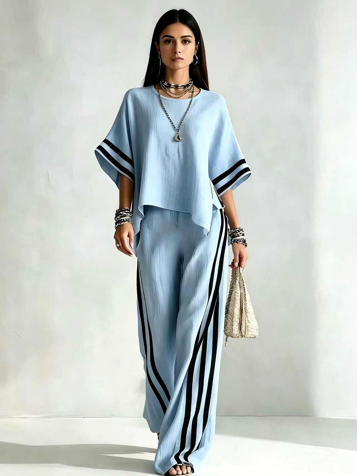 Women's Striped Spliced Hem Casual Wide Leg Pants Two-Piece Set