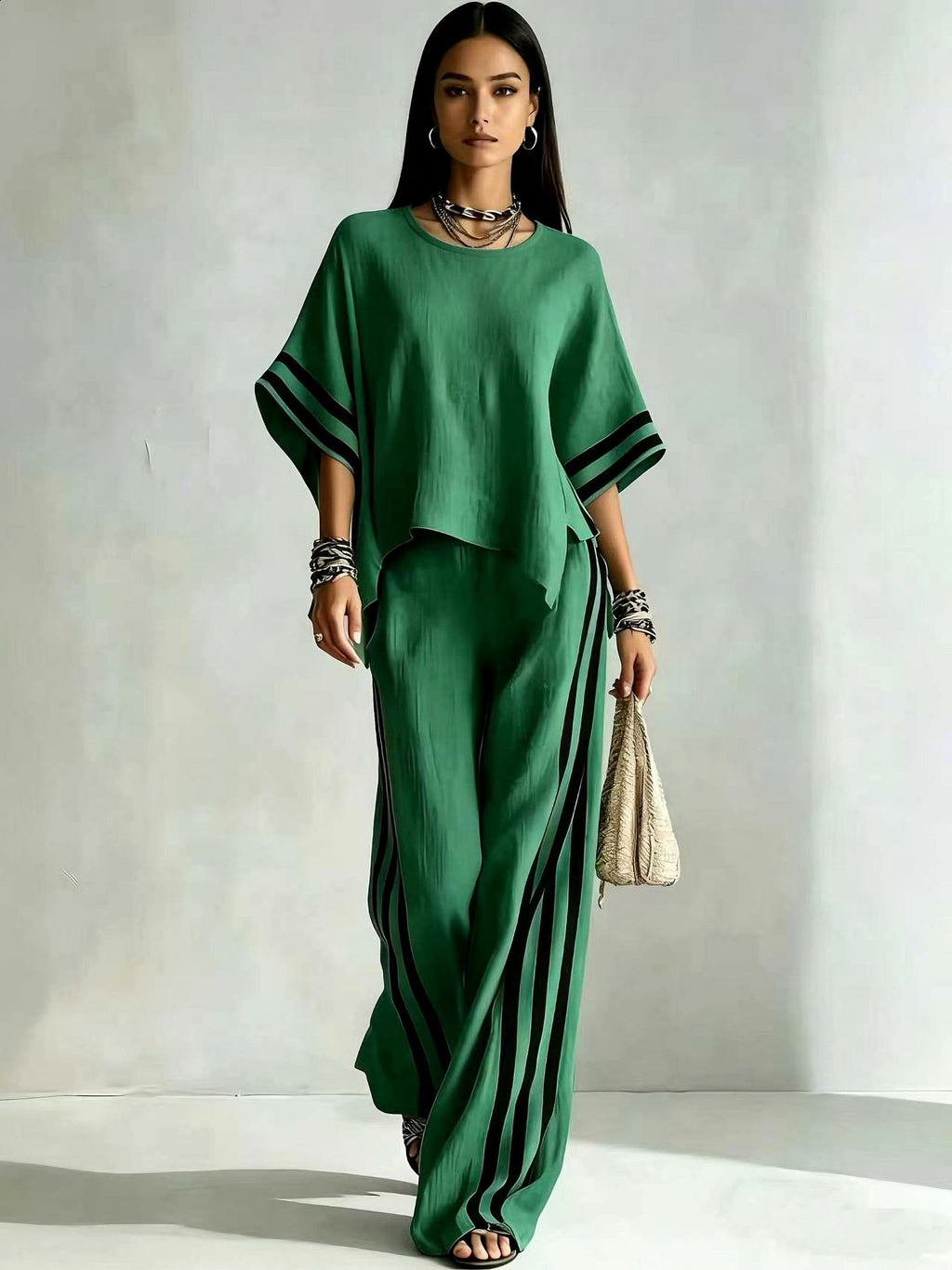 Women's Striped Spliced Hem Casual Wide Leg Pants Two-Piece Set