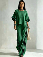 Women's Striped Spliced Hem Casual Wide Leg Pants Two-Piece Set