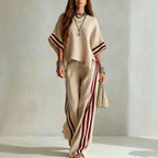 Women's Striped Spliced Hem Casual Wide Leg Pants Two-Piece Set
