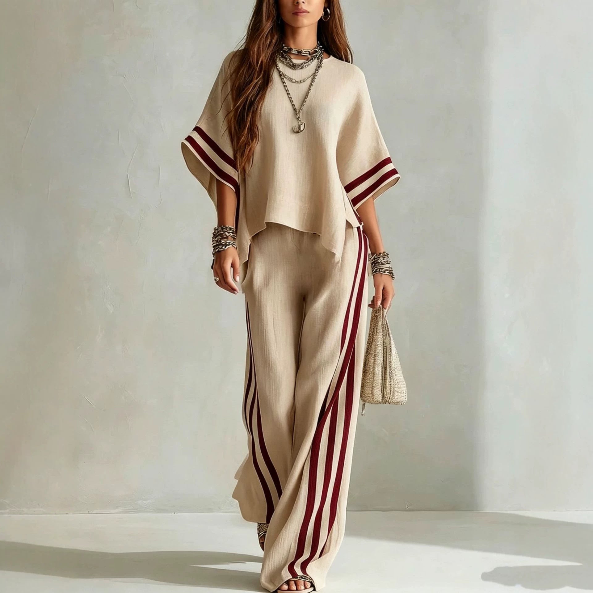 Women's Striped Spliced Hem Casual Wide Leg Pants Two-Piece Set