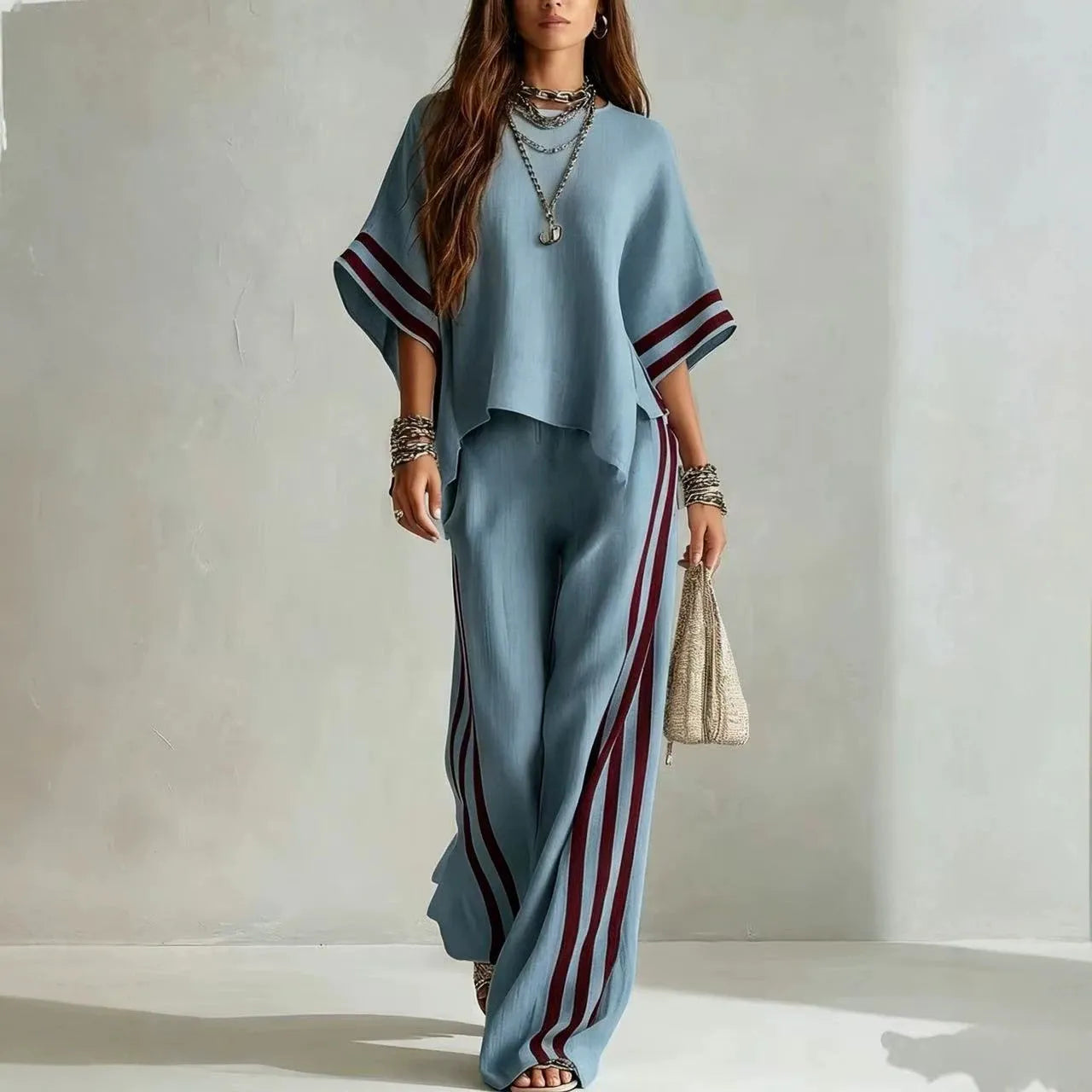 Women's Striped Spliced Hem Casual Wide Leg Pants Two-Piece Set