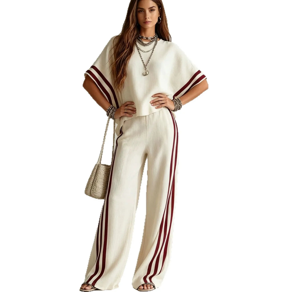 Women's Striped Spliced Hem Casual Wide Leg Pants Two-Piece Set