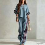 Women's Striped Spliced Hem Casual Wide Leg Pants Two-Piece Set